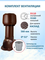 Комплект вентиляции: Вентиляционный выход изолированный D125/160 утепленный высота H=500 мм, проходной элемент ТР-87/К для скатной кровли металлочерепицы Каскад, колпак вентиляционный D160 мм, переход на канализационную трубу D110 с вентиляционного выхода 125/160 без уплотнения, коричневый