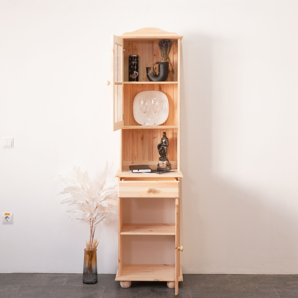 Шкаф витрина, 58х28х105, Лена, однодверная, для посуды, массив сосны, с регулируемыми полками (верхняя часть буфета Лена), Dipriz