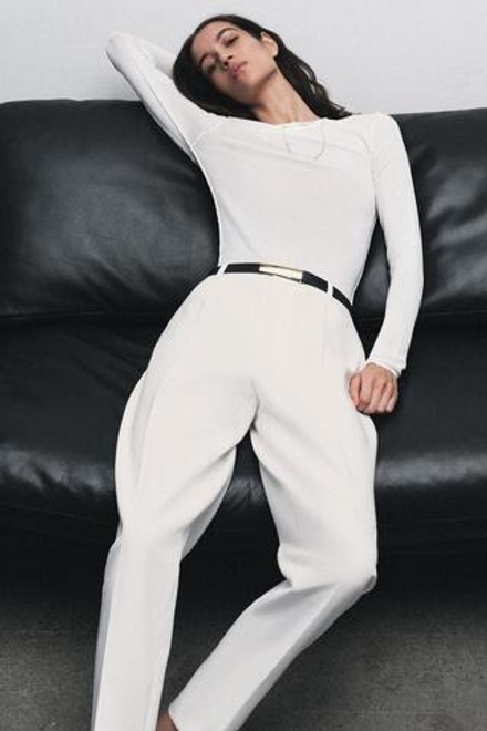 ZARA ПРЯМЫЕ БРЮКИ С ПОЯСОМ, ЭКРЮ