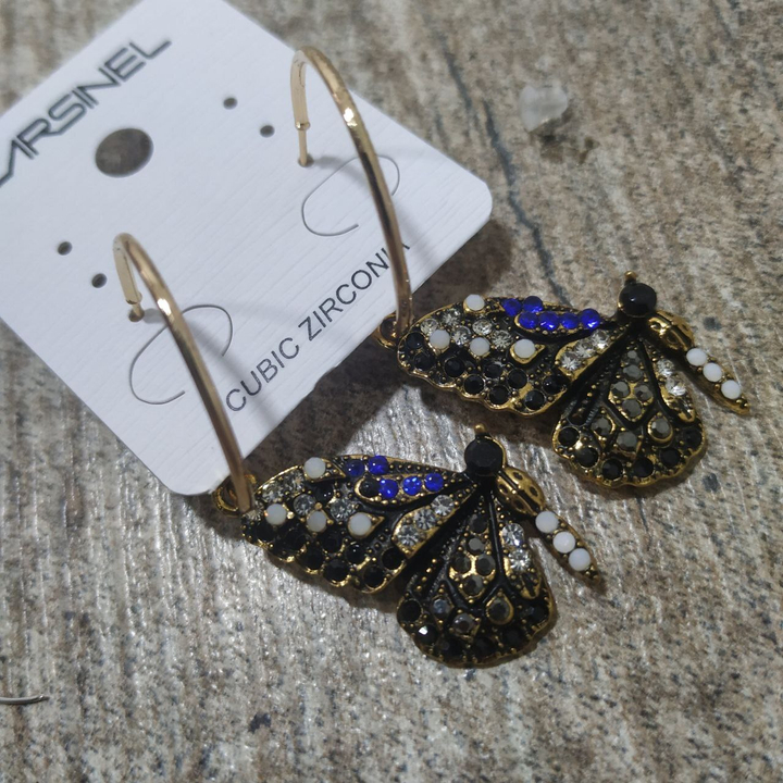 Серьги Бабочки на кольце большие стразы цвет синий черный прозрачный металл золотистый