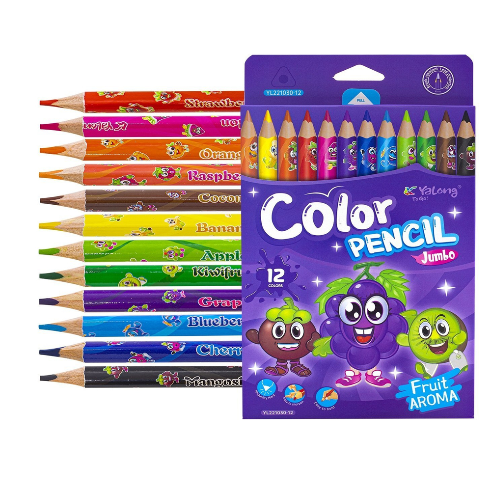 Карандаши цветные Yalong 12 цв, "Fruit aroma" деревян., трехгран., фрукт. аромат, заточенные, дизайн на корпусе, грифель 4,0 мм, картон.уп., европод.