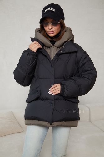 Женский черно-шоколадный многослойный пуховик