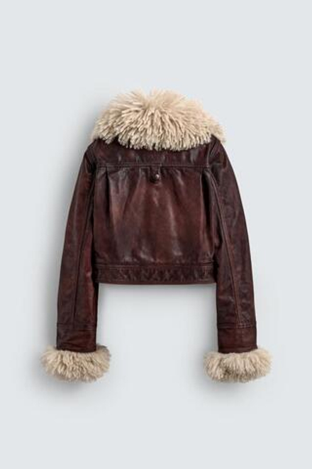 ZARA HARRY LAMBERT X DISNEY КОЖАНАЯ КУРТКА С ОТДЕЛКОЙ МЕХОМ, КОРИЧНЕВЫЙ