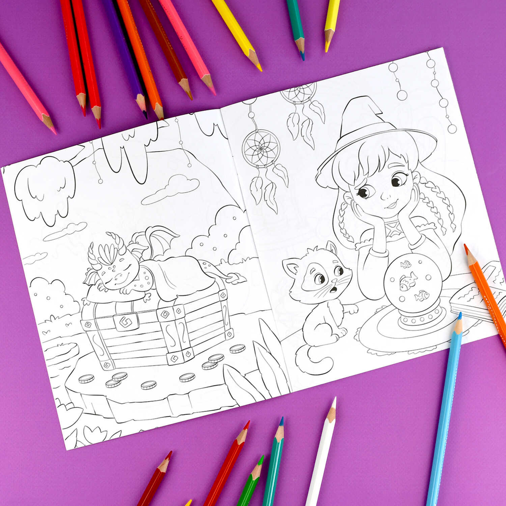 Книжка-Раскраска для детей. Серия "Раскраска для девочек" арт. 71094 ФЭНТЕЗИ /165×205 мм, 8 л., блок - офсет 100 г/м², печать в одну краску, обл - мелованная бумага 150 г/м², мягкий переплёт (2 скобы),