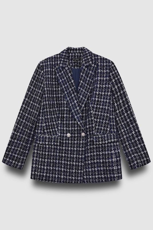 Жакет из твида двубортный в клетку, синий