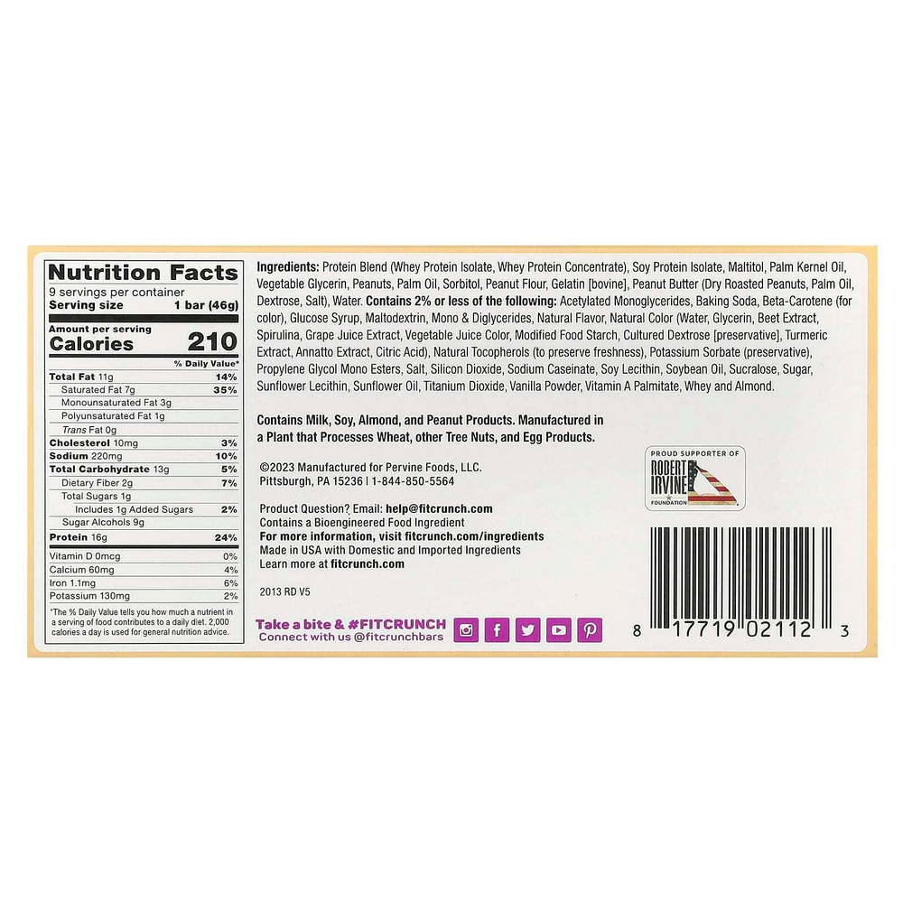 FITCRUNCH, высокопротеиновый запеченный батончик, арахисовая паста и желе, 9 батончиков по 1,62 г (46 г)