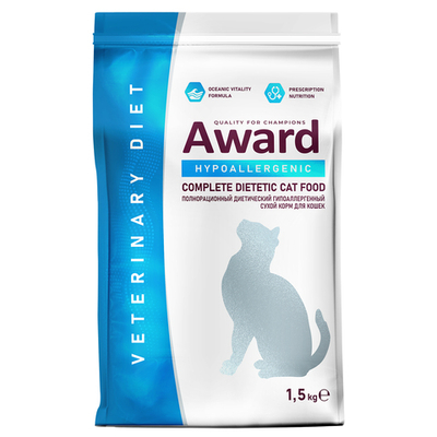 Диетический корм AWARD VETERINARY DIET HYPOALLERGENIC для взрослых кошек при аллергии или пищевой непереносимости 1,5 кг