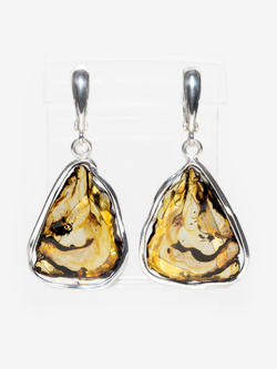 Уникальные серебряные серьги с цельным пейзажным янтарем, серебро 925 пробы