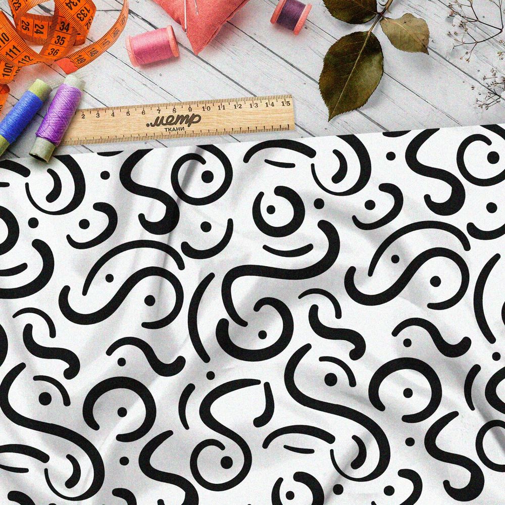Ткань мембрана чёрные витиеватые  узоры на бежевом фоне