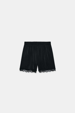 ZARA АТЛАСНЫЕ ШОРТЫ С КРУЖЕВОМ, ЧЕРНЫЙ