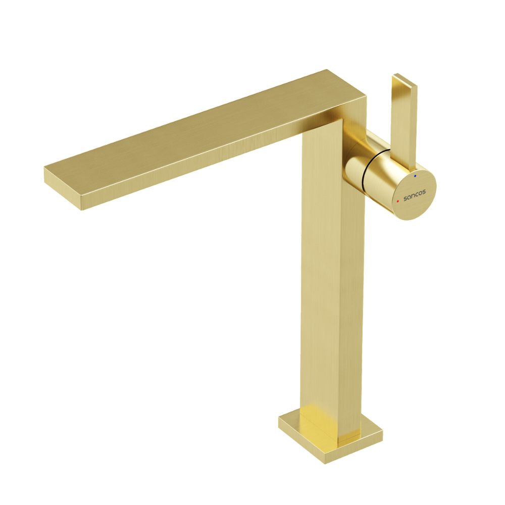 Смеситель для раковины высокий Sancos Linn, брашированное золото, PVD покрытие, арт. SC9020BG