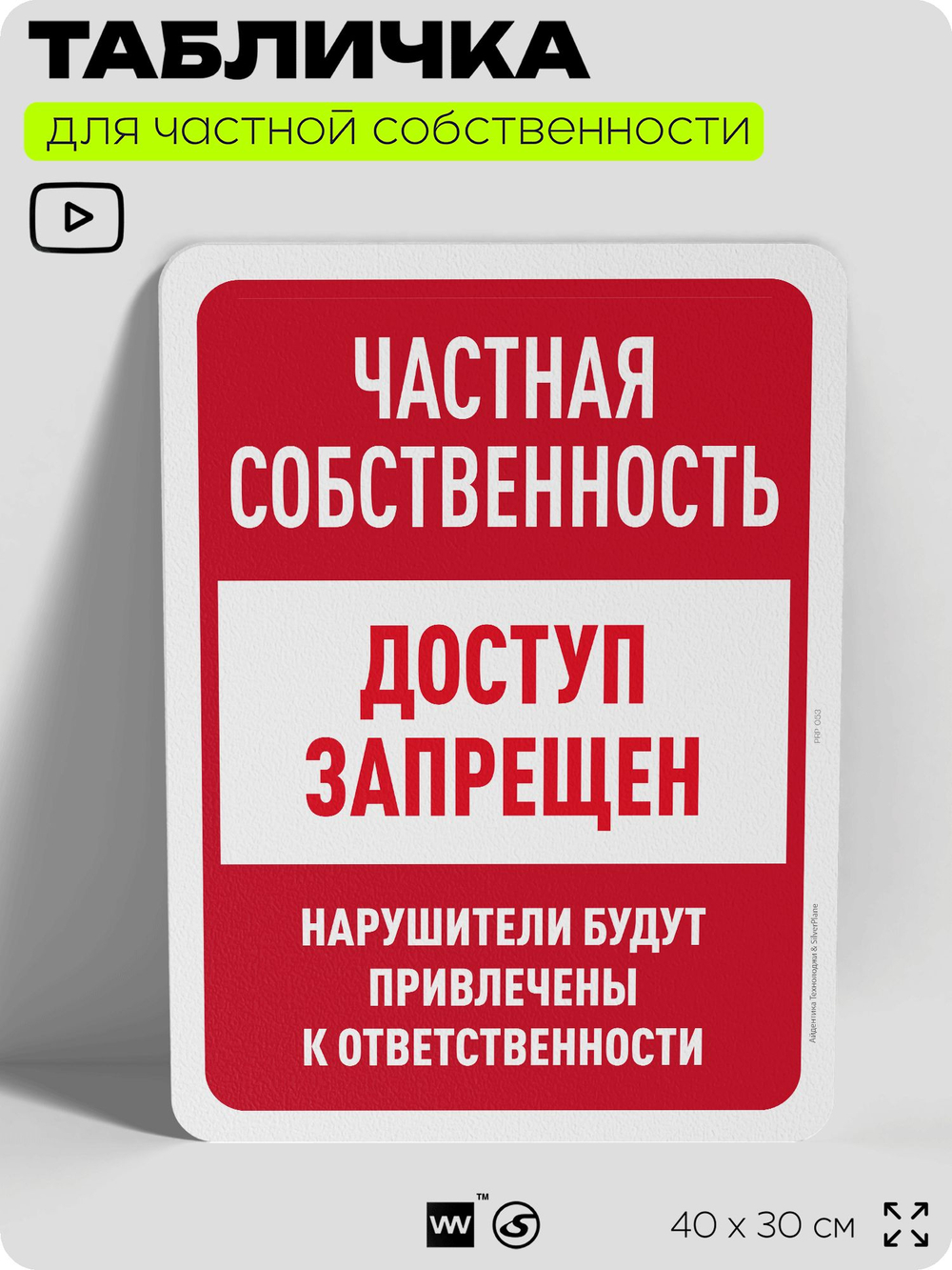 Табличка для частной территории "Частная собственность, доступ запрещен", на дом, для участка, организаций, предупреждающая, 40х30 см, Silver Plane x Айдентика Технолоджи
