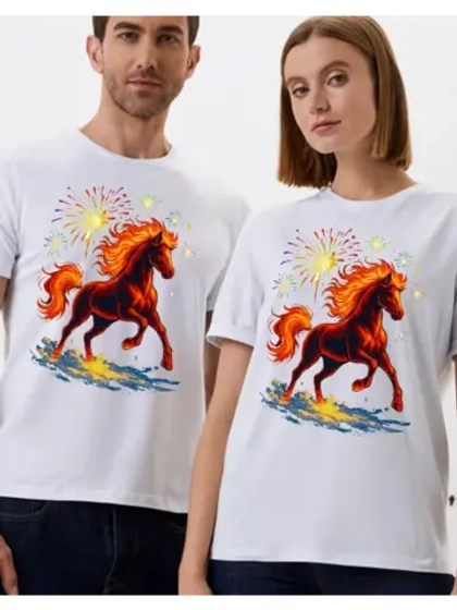 Футболка новогодняя с огненной лошадью салюты