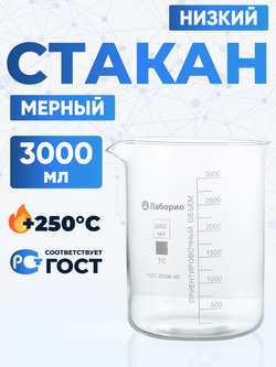 Стакан лабораторный 3000 мл Лаборио (тип Н, низкий с делениями и носиком, термостойкий), ТС Н-1-3000