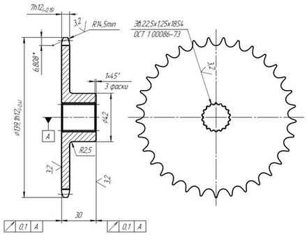 Звездочка z=33 шаг 12,7 (посадка на вал шлицы z18)