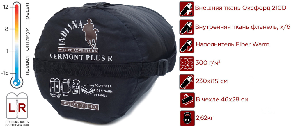 Спальный мешок Vermont Plus L/R-zip, одеяло с подголовником, фланель INDIANA