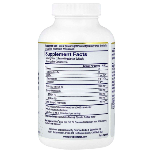 Paradise Herbs, Omega-Sure®, рыбий жир премиального качества с омега-3, 120 вегетарианских капсул Pesco