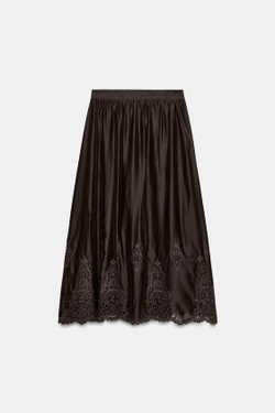 ZARA ОБЪЕМНАЯ ЮБКА МИДИ С ВЫШИВКОЙ, КОРИЧНЕВЫЙ
