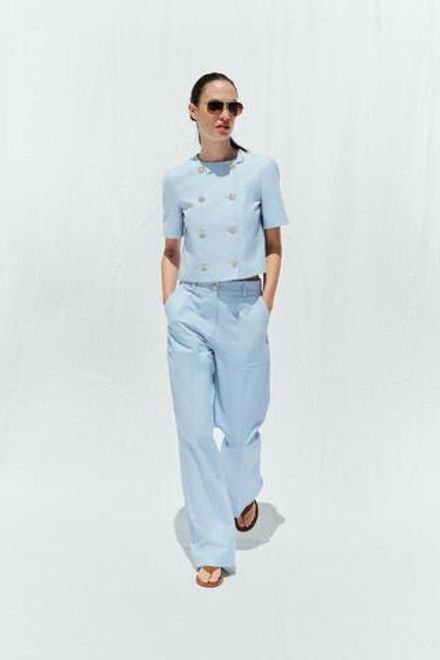 ZARA ДВУБОРТНЫЙ БЛЕЙЗЕР С КОРОТКИМИ РУКАВАМИ, НЕБЕСНО-ГОЛУБОЙ