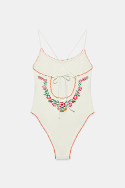 ZARA КУПАЛЬНИК С ВЫШИВКОЙ В ВИДЕ ЦВЕТОВ, ЭКРЮ