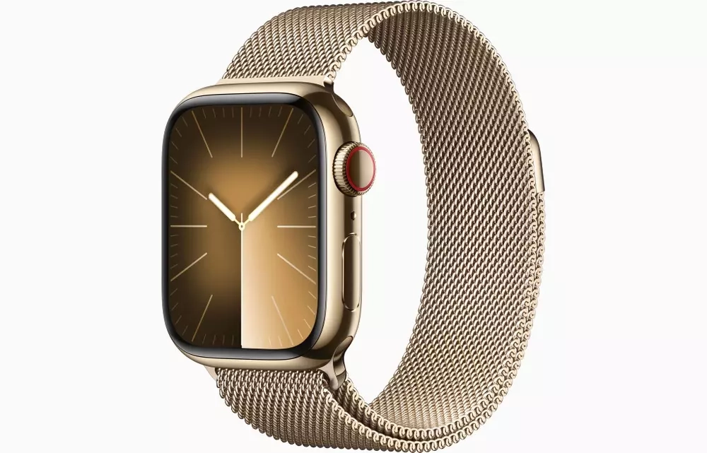 Apple Watch Series 9, 41 мм, из стали золотого цвета, миланский сетчатый браслет