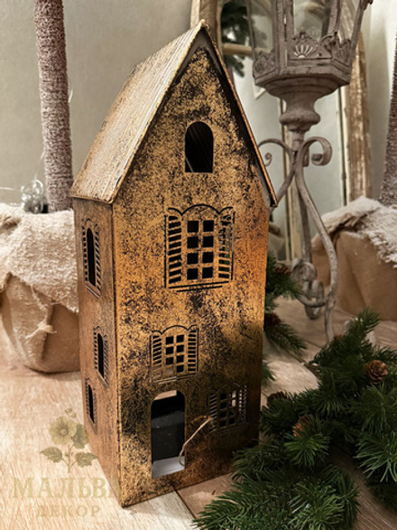 Подсвечник "Домик" большой античное золото 16x16xH42 см