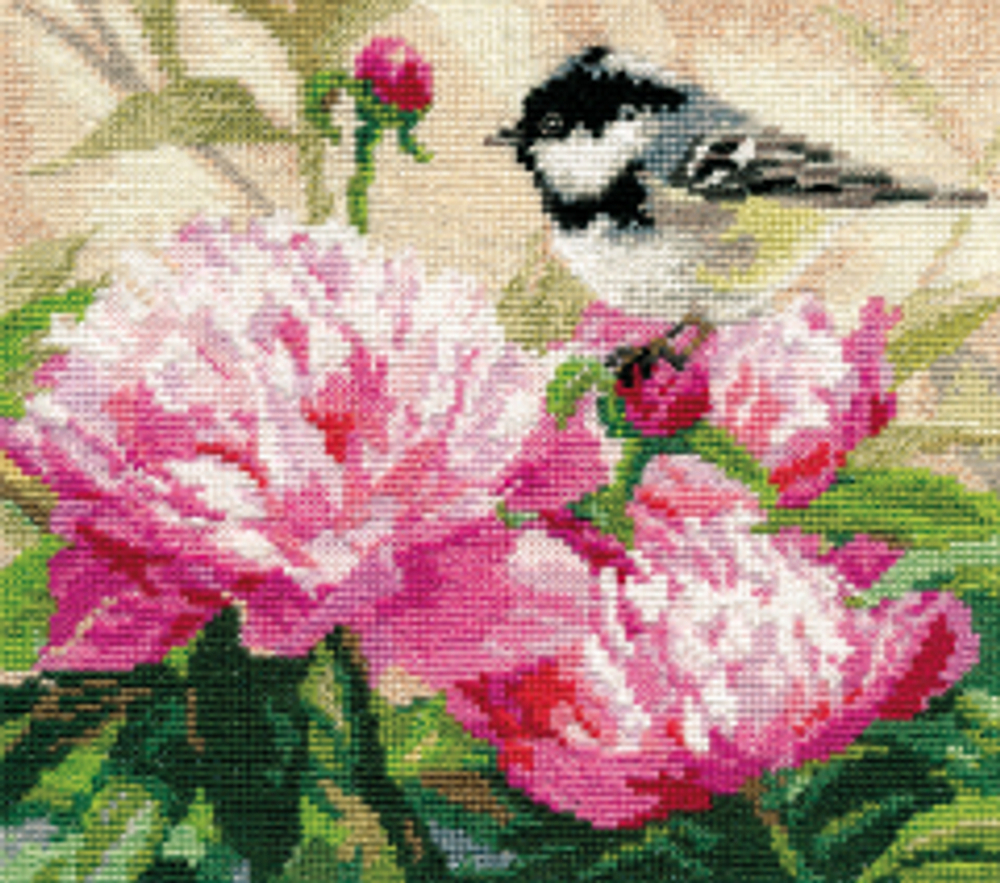 Синичка и пионы¶Размер: 19х17¶Количество цветов: 31