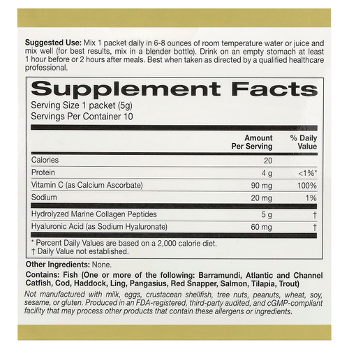 California Gold Nutrition, CollagenUP®, гидролизованные пептиды морского коллагена с гиалуроновой кислотой и витамином C, с нейтральным вкусом, 10 пакетиков по 5 г (0,18 унции)