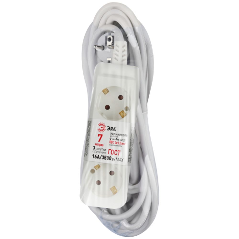 Удлинитель электрический ЭРА U-3e-7m-3x1,5 с заземлением 3 розетки 7м ПВС 3x1,5мм2 16А
