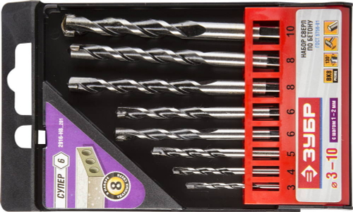 ЗУБР СУПЕР-6 8 шт: d 3-4-5-6-6-8-8-10 мм набор сверл по бетону с шестигранным хвостовиком ПРОФЕССИОНАЛ