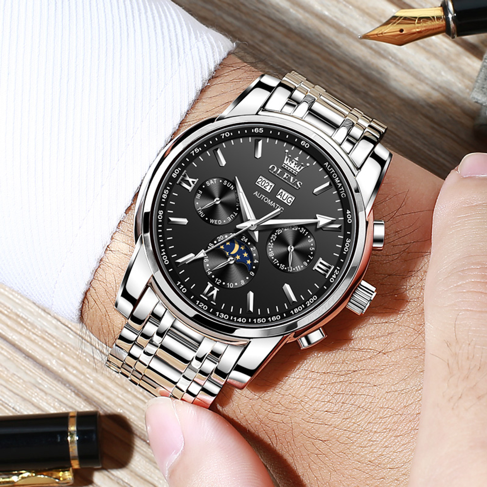 OLEVS Mechanical Movement Stainless Steel Watchband Watch Men"s Watches Black Dial