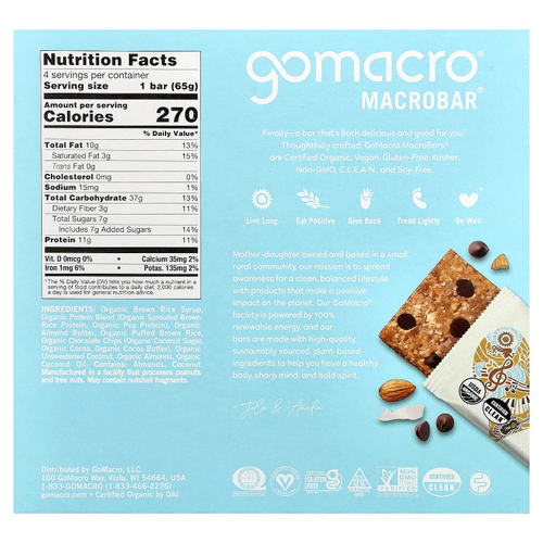 GoMacro, MacroBar®, Everancing Joy, кокосовое масло, миндальная паста и шоколадная крошка, 4 батончика по 65 г (2,3 унции)