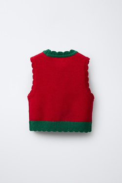 ZARA ВЯЗАНЫЙ ЖИЛЕТ С АППЛИКАЦИЯМИ КРОШЕ, КРАСНЫЙ