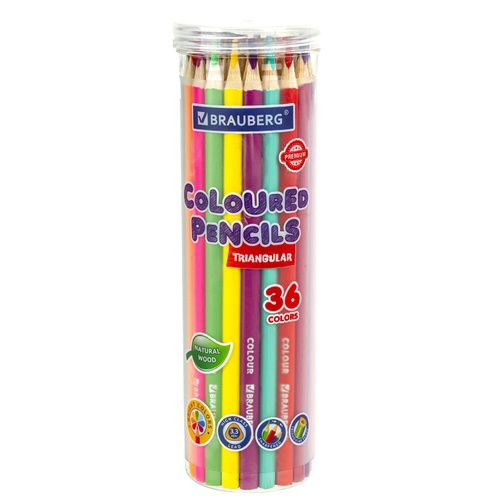 Карандаши цветные BRAUBERG PREMIUM 36 цветов в тубе, трехгранные, грифель 3,3 мм, 181934