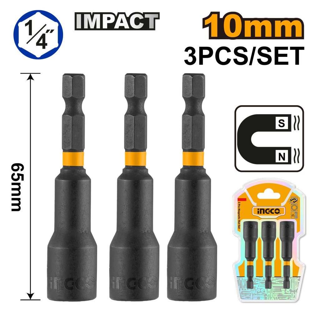 Магнитная торцевая головка INGCO 1/4" 10х65 мм 3 шт