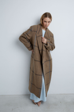 Пальто двубортное из шерсти Стелла Маккартни в клетку коричневый/голубой