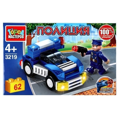 Конструктор пластмассовый 62эл. Полиция "Полицейский на машине" 3219-PZ (Город мастеров)