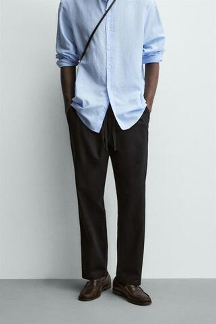 ZARA БРЮКИ RELAXED FIT ИЗ СМЕСИ ХЛОПКА, ЧЕРНЫЙ