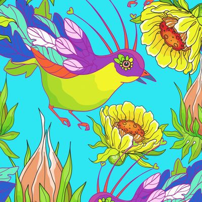 Маргаритка, петуния, пион, экзотические цветы и птицы.