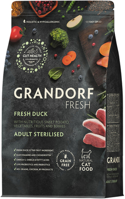Grandorf Fresh 2кг Holistic Sretilised Duck&Sweet Potato Сухой корм для стерилизованных кошек, свежее мясо утки с бататом