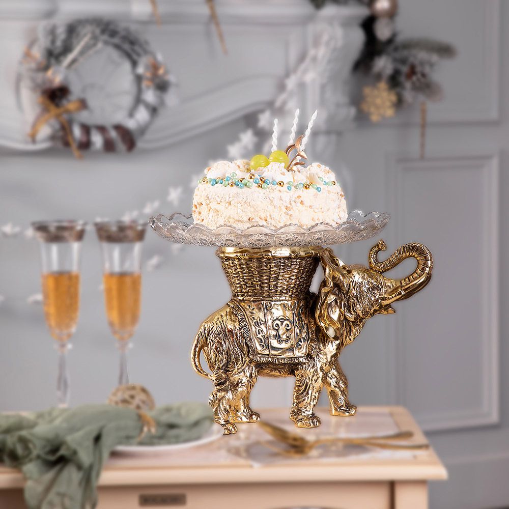 Фруктовница Слон Джайпурарт Бронза со стеклянной чашей
