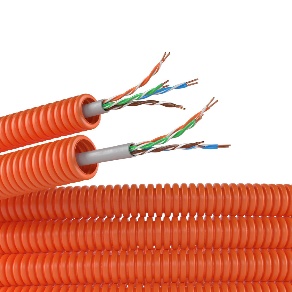 Электротруба ПНД гибкая гофрированная д. 16 мм, цвет оранжевый, скабелем витая пара 5EU/UTP нг(А)-HF, 50 м