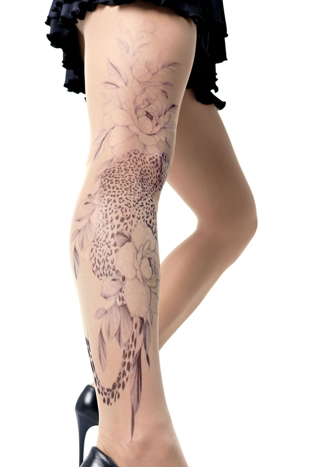 Колготки с принтом в виде леопарда в цветах (Размер: S-M-L) (Цвет: бежевый)