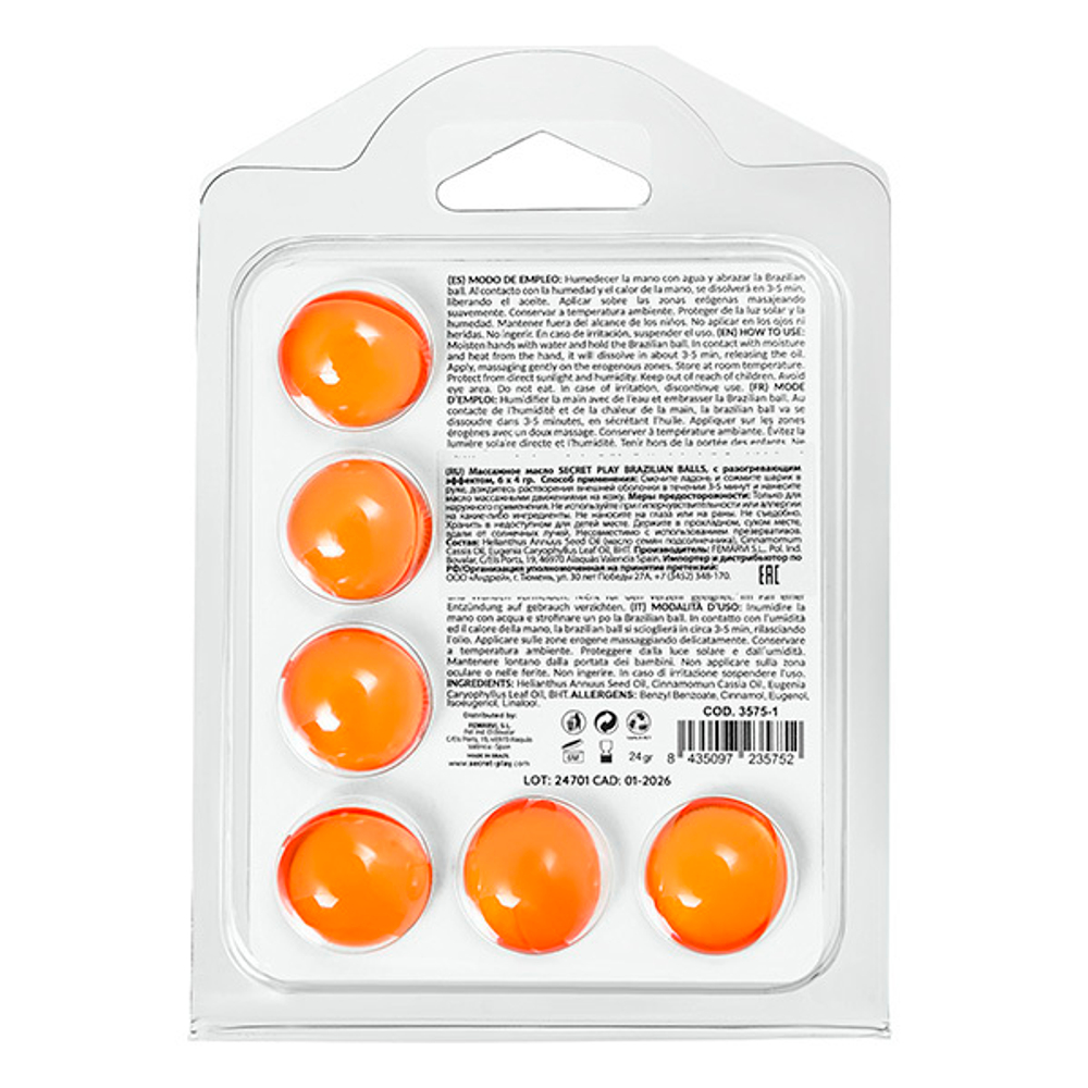 Набор из 6 шариков с массажным маслом с разогревающим эффектом Secret Play Brazilian Balls