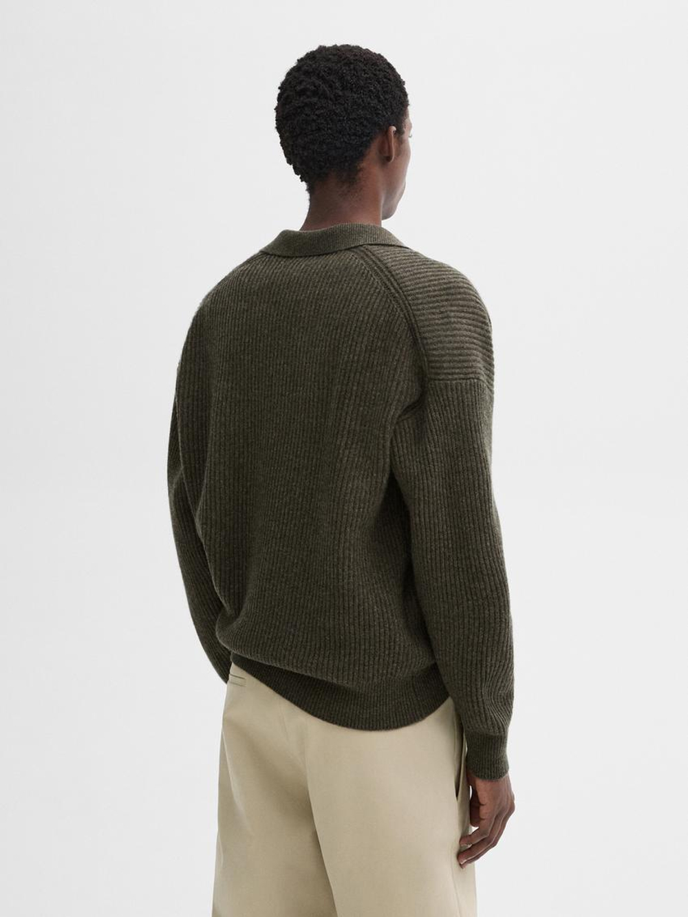 Massimo Dutti Шерстяной свитер с воротником поло, зеленоватый