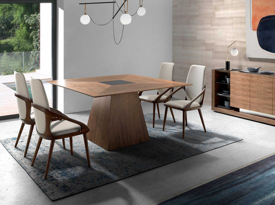 Квадратный обеденный стол MI1412 /1079 из ореха со вставкой из черного стекла Испания 150х150 см