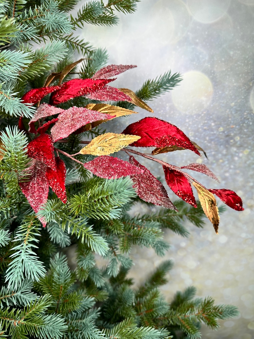 Веточка с листьями 71см ChristmasDeLuxe premium collection бордово-золотая