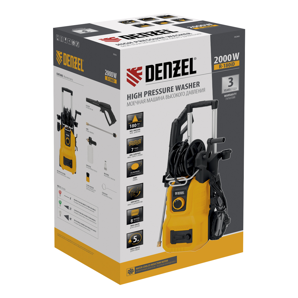 Моечная машина высокого давления R-180iD, 2000 Вт, 180 бар, 420 л/ч, асинх. двиг., бараб.// Denzel
