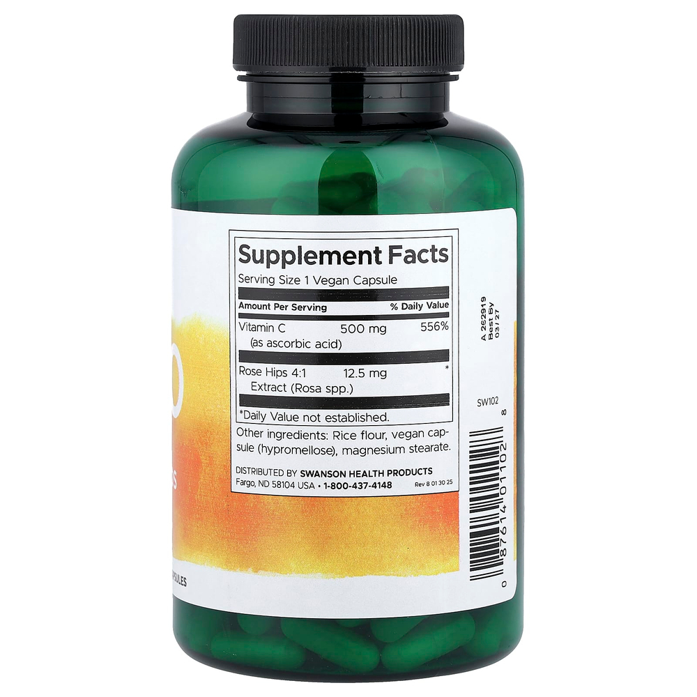 Swanson, C-500, витамин C с шиповником, 250 веганских капсул