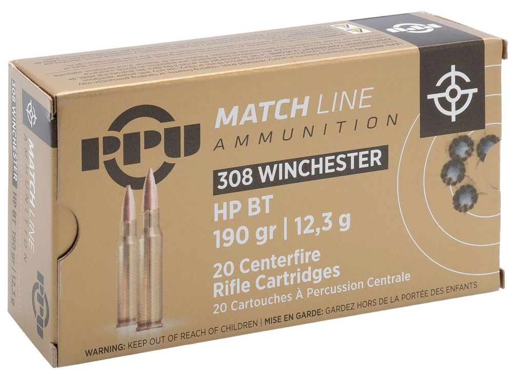 Патрон .308 Win PPU MATCH HP BT 12,3 г/190 gr, коробка 20 шт.